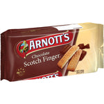 Arnott's Choc Scotch Fingers, confectionery snacks with chocolate coating and biscuit base, displayed on a plate.