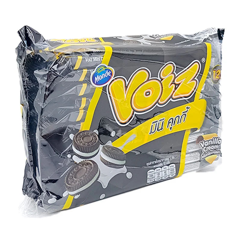 VOIZ Mini Cookies Vanilla Cream, 30g pack, showing a tray of vanilla-flavored mini cookies with creamy filling.