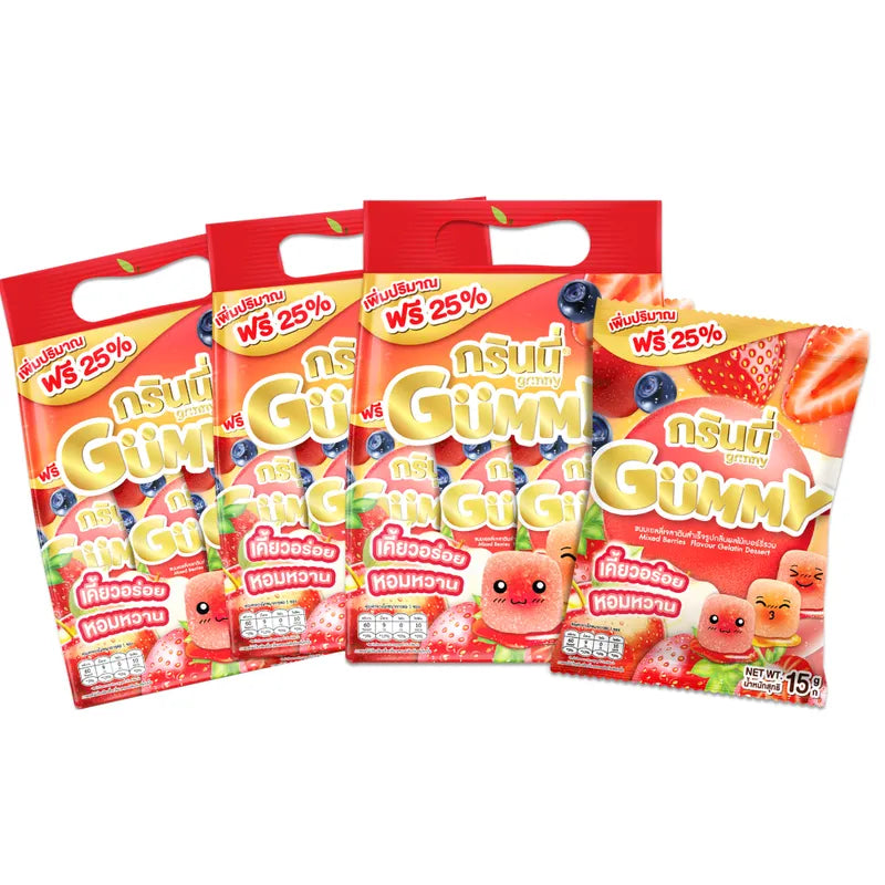 Grinny Mixed Berries Flavour Gelatin Dessert 15G pack, showing colorful gelatin cubes in a clear bowl, 12 packs x 3.