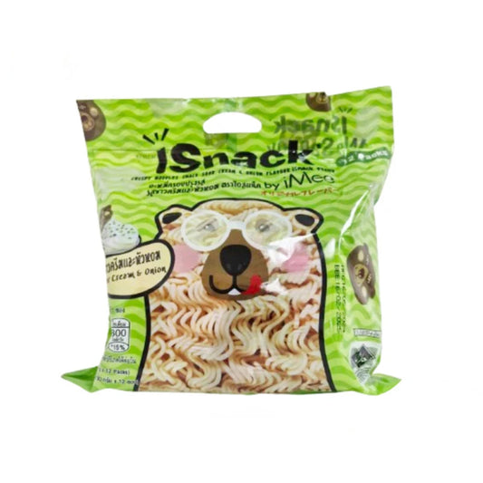 ISNACK Sour Cream and Onion flavor snack sachets, pack of 12, featuring creamy, savory snack packaging with colorful branding.