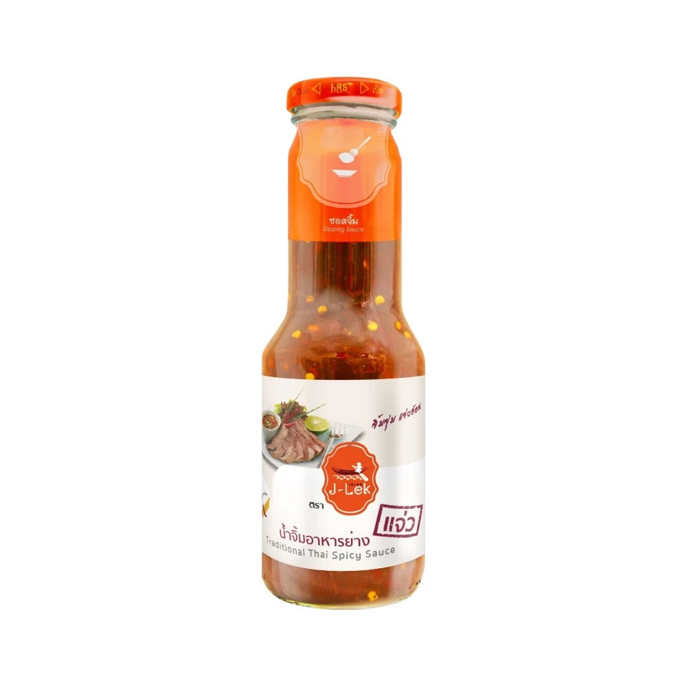 J-LEK Grilled Food Dipping Sauce Jaew in a 360g glass bottle, showcasing the dark, spicy sauce with a label and cap.
