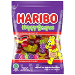Colorful Haribo Happy Grapes confectionery snacks in vibrant purple and green gummy grape shapes on a white background.