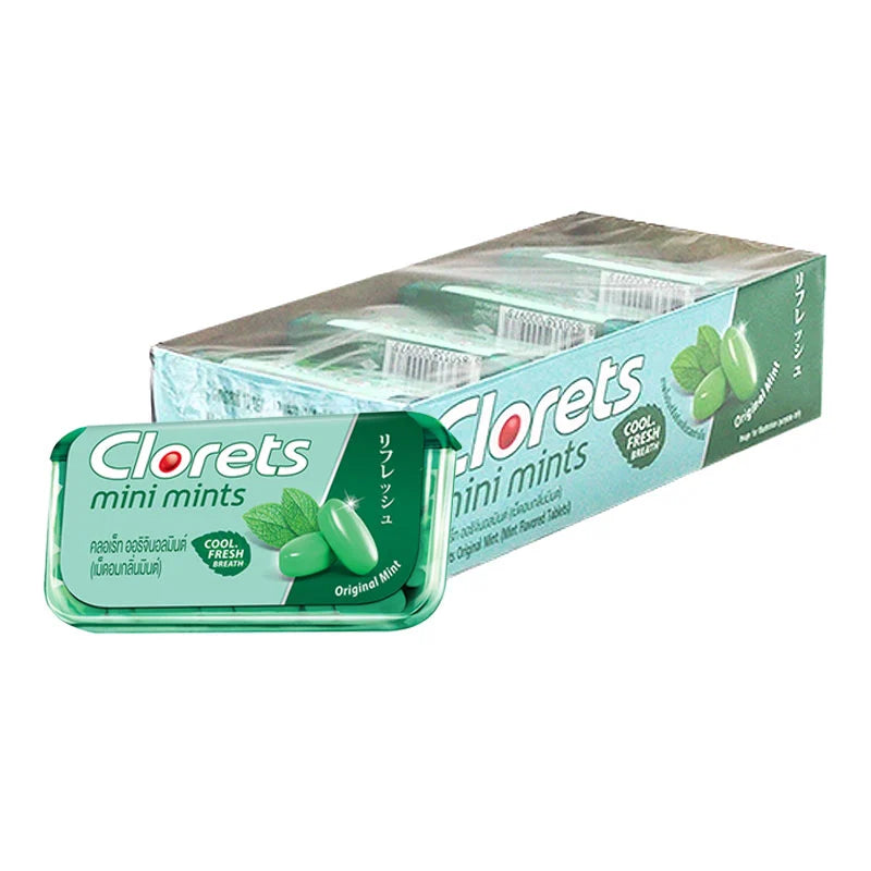 CLORETS Mini Mint Original Breath Mints in 11.2 g pack, showing small mint candies with fresh mint flavor.