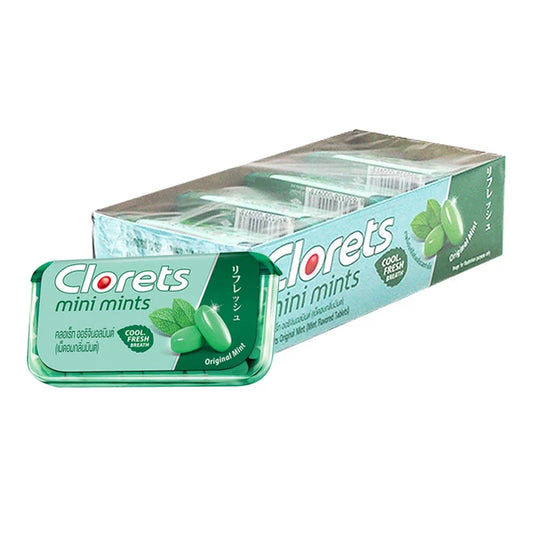 CLORETS Mini Mint Original Breath Mints in 11.2 g pack, showing small mint candies with fresh mint flavor.