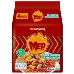 Samyang MEP Mala Jjamppong stir-fried ramyeon instant noodles in a bowl with spicy broth and seafood ingredients.