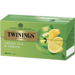 Twinings Green Tea with Lemon in a glass mug, showcasing the tea's light green color and fresh lemon slice garnish.