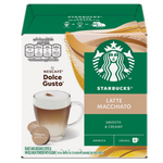 Starbucks Dolce Latte Macchiato drink in a clear glass with layered coffee and milk, topped with foam and caramel drizzle.