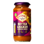 Bottle of Patak's Butter Chicken Cooking Sauce with label visible, creamy sauce in a grocery product image.