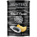 Hunter's Black Caviar Potato Chips, a pack of confectionery snacks with black caviar flavor, showcasing crispy, seasoned potato chips.