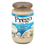 Prego Mushroom Creamy Pasta jar with label, showcasing the grocery product with mushrooms and creamy sauce on the packaging.