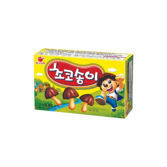 Orion Choco Boy mushroom-shaped biscuit topped with chocolate coating, showcasing a crispy snack with a fun mushroom design.