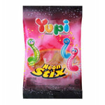 Colorful Yupi Jelly Glo Worms confectionery snacks with bright, glowing worms in assorted colors and flavors.