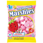 Pink strawberry-flavored Marshies marshmallow candies from Marshies, showing soft, chewy confections with a sweet strawberry scent.