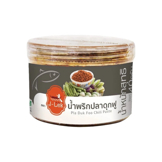 J-LEK Crispy Catfish Chili Paste in a 40g plastic jar, showing the jar with vibrant chili paste and label on a white background.