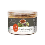 J-LEK Jae Lek Fluffy Catfish Chili Paste in 40g plastic jar, dry grocery product with bright red chili paste visible inside.