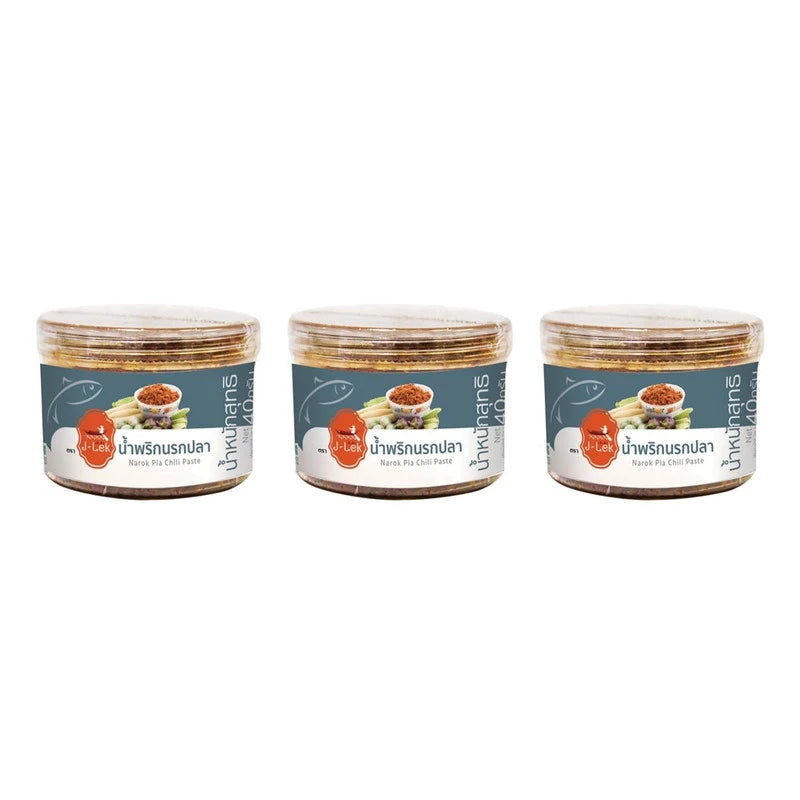 J-LEK Fish Chili Paste in 40g jars, three-pack, showing vibrant red chili paste with fish ingredients in glass jars.