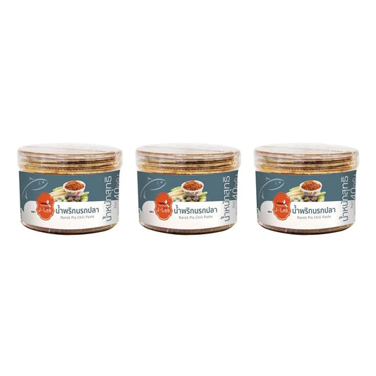J-LEK Fish Chili Paste in 40g jars, three-pack, showing vibrant red chili paste with fish ingredients in glass jars.