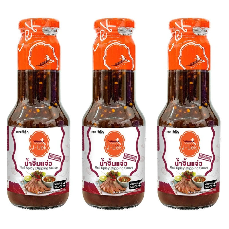 Three bottles of J-LEK Thai Jaew grilled food dipping sauce, 360g each, with label showing spicy chili and garlic ingredients.