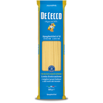 De Cecco Spaghetti #11, dry Italian pasta in a clear bag, ready for cooking, showcasing the brand's quality and traditional shape.