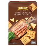 Pick Me Cheese Bacon Biscuit, a crunchy confectionery snack with cheese and bacon flavor, shown in a close-up image.