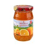 Imperial orange marmalade jam jar with bright orange preserve and label, on a white background.