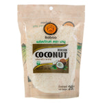Baboo Coconut Flakes confectionery snack in a clear bowl, showing toasted coconut flakes with golden brown color