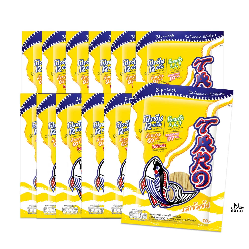 TARO Spicy Flavored Fish Snack pack with 12 individual 50g bags, featuring crispy fish snack pieces with a spicy seasoning.