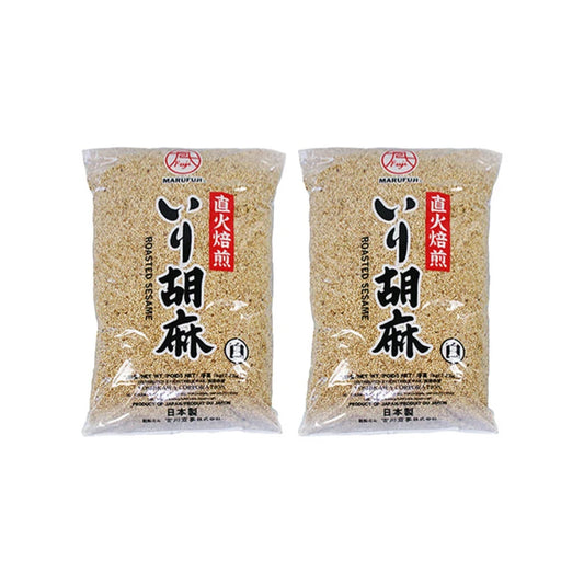 MAKOTO MARUFUJI roasted white sesame seeds in two 1kg packs, featuring Japanese Iri Goma Shiro, displayed in clear packaging.