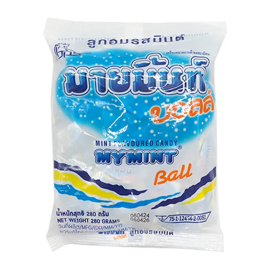 MYMINT Mint Ball Candy 100-piece package, showing colorful mint-flavored candies in a clear container.