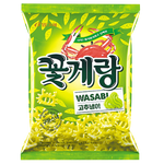 Binggrae Wasabi Crab Chips, Korean confectionery snack with crispy texture and spicy wasabi flavor, shown in a close-up image.