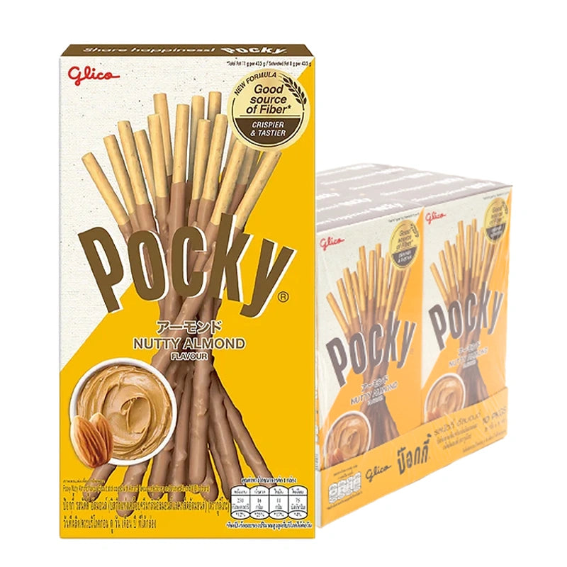 Pocky Almond snack box with 10 packs of 39g each, featuring crunchy biscuit sticks coated in almond-flavored chocolate.