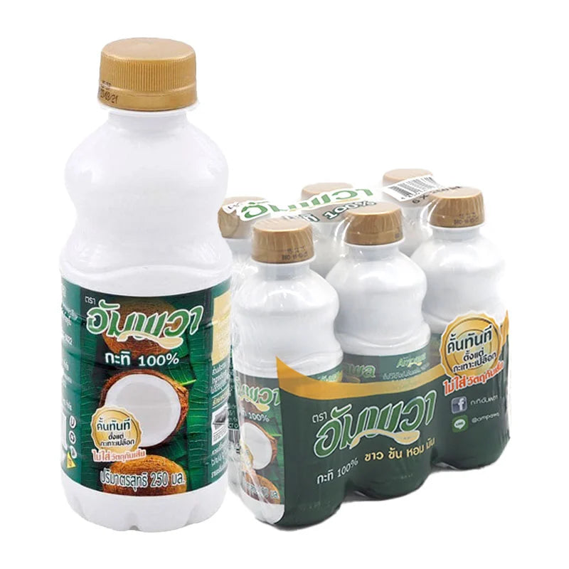 Ampawa Coconut Milk Pet 250ml bottle, part of a pack of six, shown in clear plastic bottles with coconut milk inside.