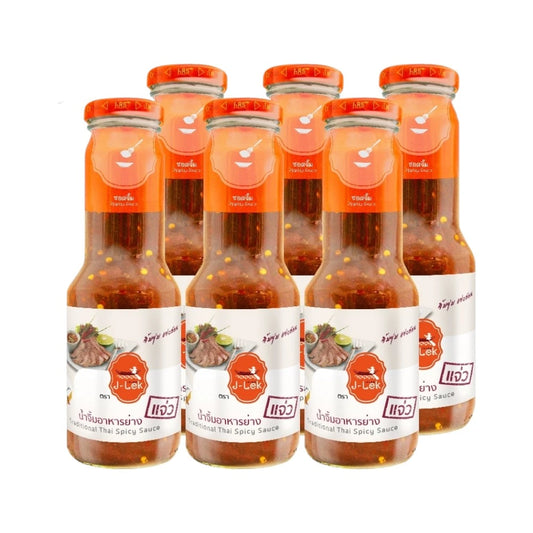 J-LEK Jaew grilled meat dipping sauce in glass bottles, 360g each, packed in six, featuring dark, savory sauce with labels on bottles.