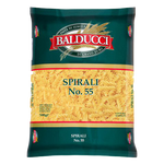 Balducci Spirali pasta in a grocery bag, showing the coiled shape of the pasta with the Balducci brand label visible.
