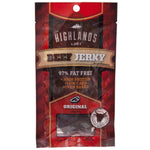 Highlands Beef Jerky Original, savory confectionery snack with strips of seasoned dried beef, natural and flavorful.