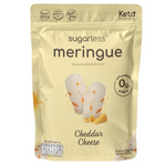 Sugarless brand cheddar cheese flavored meringue snack, sugar-free confectionery treat with crispy, airy texture and cheddar flavor.