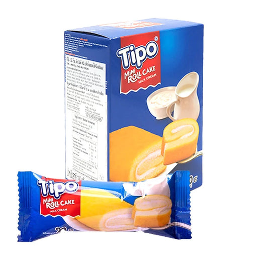 TIPO Mini Roll Cake Milk flavor, 20g individual packs, set of 9, showcasing creamy, soft sponge cakes with a milk filling.