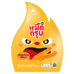 Muek Groob Konjac snack with sesame sauce flavor, showing the chewy, dark konjac pieces coated with sesame sauce in a clear package.