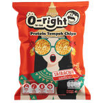 O-Right Protein Tempeh Chips Sriracha, confectionery snack with spicy Sriracha flavor, featuring crispy tempeh pieces in vibrant packaging.