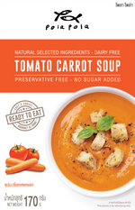 Pola Pola Tomato Carrot Soup in a bowl, showing vibrant orange and red colors, with a spoon and fresh vegetables in the background.