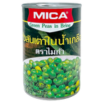 Canned Mica Green Peas in brine, showing a bowl of bright green peas with a can in the background in a grocery setting