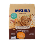 Misura Fiberextra Biscuit showing crispy, golden-brown confectionery snack with textured surface and packaging in the background.