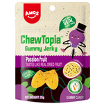 Amos 4d Chewtopia Passion Fruit Jerky, a colorful confectionery snack with textured passion fruit flavor visible in the image.