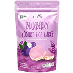 Allrite Blueberry Yogurt Rice Cake, a confectionery snack with blueberry flavor and yogurt coating, displayed on a white background.