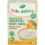 Baby Natura Brown Rice and Pumpkin healthy baby food in a jar, featuring brown rice and pumpkin ingredients.