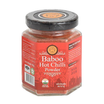 Baboo Indian Hot Chilli Powder in a spice jar, used for adding spicy flavor to Indian cuisine and cooking dishes.