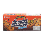 Orion Choco Chip Cookie 104g, crispy snack with chocolate chips, displayed in a clear packaging, ideal for sweet snack lovers.