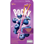 Glico Pocky Crushed Fruits Blueberry snack sticks with blueberry-flavored crushed fruit coating on crispy biscuit sticks.
