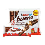 Kinder Bueno chocolate snack in 129g packaging, featuring a creamy hazelnut filling coated in smooth milk chocolate.