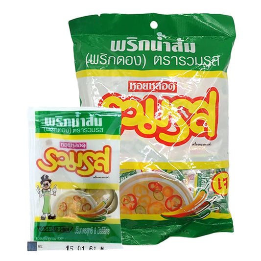 RUAMROS Mix Chili Vinegar sachets, 8 ml each, showing a colorful display of 50 individual packets for spicy flavor enhancement